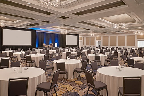 Meeting room setup with round tables